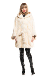 Haină din blană naturală de vizon pearl cu glugă model poncho - Sofia Boutique