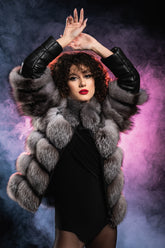 Haină din blană naturală de vulpe argintie cu mânecă din piele 3 în 1 - Sofia Boutique