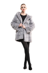 Haină din blană naturală de vizon gri saphir cu glugă - Sofia Boutique