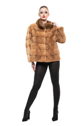 Haină din blană naturală de vizon caramel cu samur - Sofia Boutique
